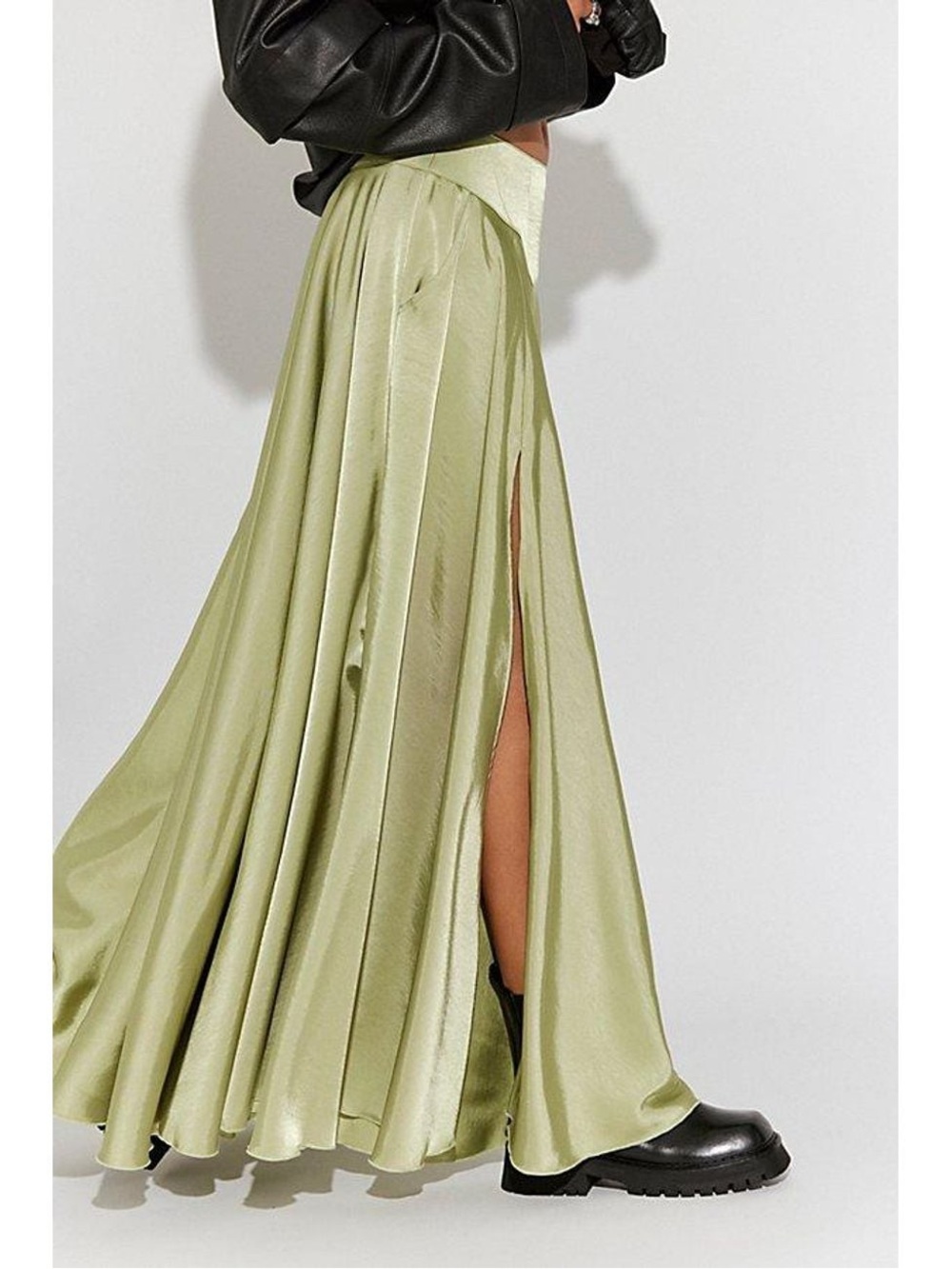 Free People Winter Pear Satin A-line Maxi Skirt with High Slit